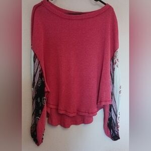 We The Free Sz S Red Blossom Thermal Balloon Sleeve Top Shirt Boho Free People